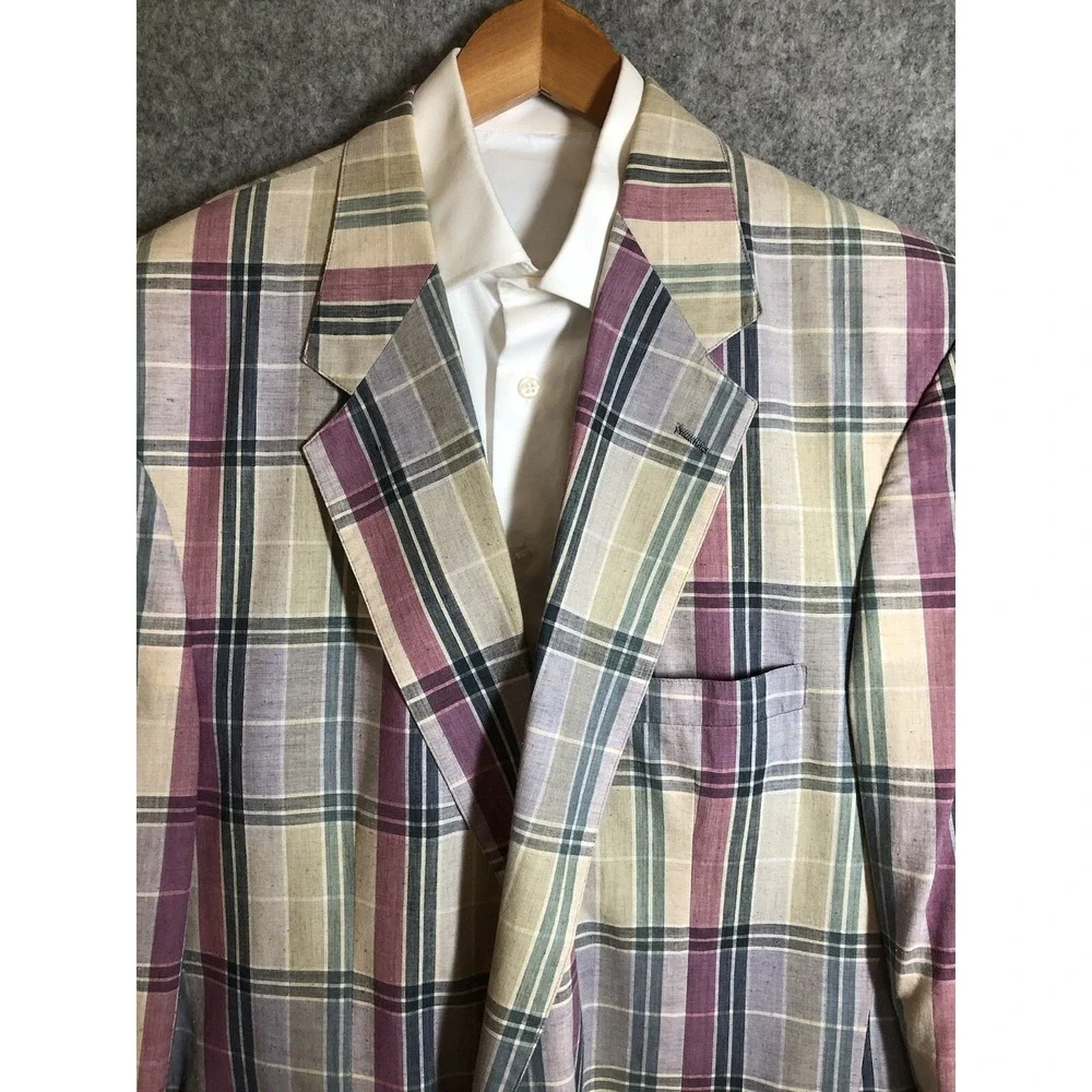 Vintage Palm Beach Blazer 44L Madras Plaid Linen Blend Suit Coat Jacket Classic